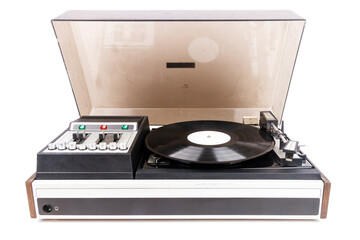 Vintage turntable record player with dust cover
