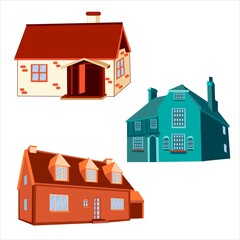 painted wooden one-storey houses on an isolated white background