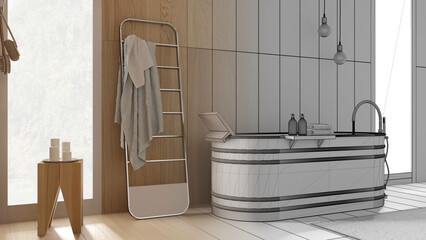 Architect interior designer concept: hand-drawn draft unfinished project that becomes real, bathroom with wooden walls and floor, freestanding bathtub, towel rack, pendant lamps