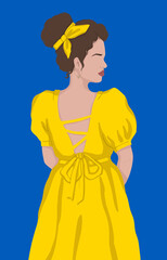 Beautiful young woman in a yellow dress on a blue background. Vector flat illustration..