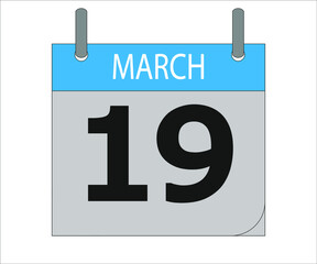 March 19th. Calendar icon. Date day of the month Sunday, Monday, Tuesday, Wednesday, Thursday, Friday, Saturday and Holidays