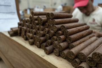 Handmade, high-quality Dominican cigars. The process of rolling tobacco leaves.