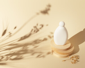 Cosmetic mock up. Spa relax composition with white cosmetic bottle on a wooden podium on a beige background with shadows. Mock up for natural organic beauty care product. Cereal cosmetics