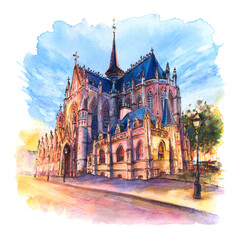 Watercolor sketch of Church of Our Lady of Victories at Sablon, Brussels, Belgium