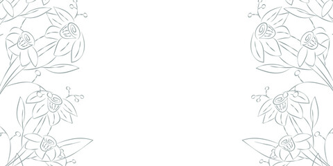 Vector illustration. Festive floral background in green and gray pastel colors, copy space for text. Frame of green and gray narcissus flowers. Rustic style hand drawn horizontal template.