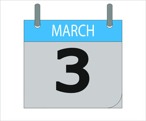March 3th. Calendar icon. Date day of the month Sunday, Monday, Tuesday, Wednesday, Thursday, Friday, Saturday and Holidays