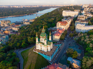 Saint Andrew's church and Andreevska street from above. Aerial drone view. Kyiv, Ukraine.