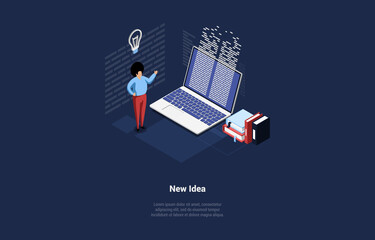 Vector Illustration On New Idea Concept. Isometric 3D Composition In Cartoon Style. Character Standing Near Laptop With Text On Screen, Lamp Bulb Near. Infographic Elements Around, Books. Creativity