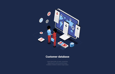 Vector Illustration On Customer Database Concept. Isometric 3D Composition In Cartoon Style. People Standing Near Computer Monitor With World Map On Screen. Businesspeople Handshake, Infographics