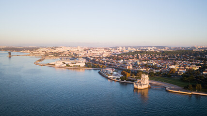 wide angle of Belem tower seen from the air and the river - obrazy, fototapety, plakaty