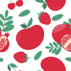 Hand draw seamless pattern cute red apple, pomegranate, cherry and strawberry 