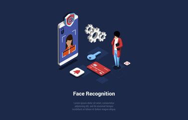 Vector Illustration On Face Recognition Program Concept. Isometric 3D Composition In Cartoon Style. Dark Background And Writing. Unlock Mobile Phone Or Application. Human Standing Near Modern Device