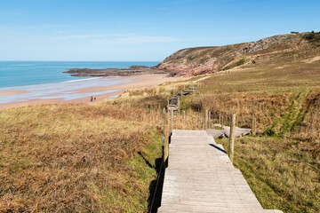 Obraz premium Sentier des douaniers sur caillebotis en bois, Grande Randonnée, au bord de la Manche dans les landes maritimes. Pléneuf-Val-André, Bretagne
