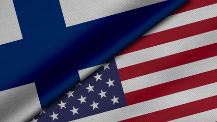 Fototapeta premium 3D Rendering of two flags from Republic of Finland and United States of America together with fabric texture, bilateral relations, peace and conflict between countries, great for background