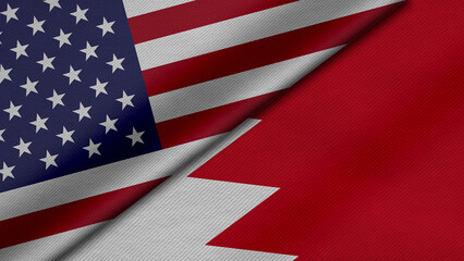 3D Rendering of two flags from United States of America and Kingdom of Bahrain together with fabric texture, bilateral relations, peace and conflict between countries, great for background