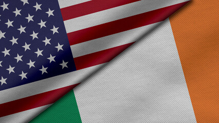 Fototapeta na wymiar 3D Rendering of two flags from United States of America and Republic of Ireland together with fabric texture, bilateral relations, peace and conflict between countries, great for background