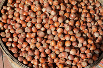 close-up organic hazelnuts at the market