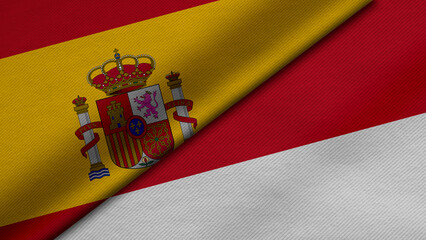 Fototapeta premium 3D Rendering of two flags from Kingdom of Spain and Republic of Indonesia together with fabric texture, bilateral relations, peace and conflict between countries, great for background