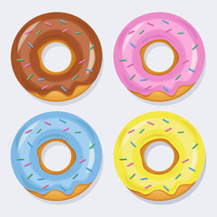 Colorful pink, chocolate, pink glazed donut set on white background. The view from the top. Vector illustration