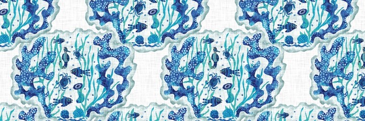 Colorful coastal seamless border with cute tropical fishes. Childish coral reef sealife fish banner. Playful summer beach edging fabric effect. Whimsical scandi fish riso endless trim.  © Nautical
