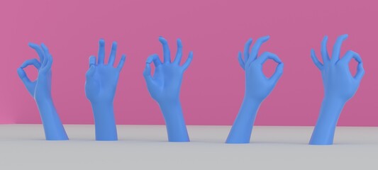 3D illustration of a row of hand models showing OK sign gesture, performed by connecting the thumb and index into a circle.