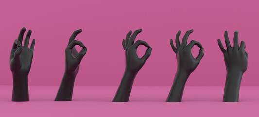 3D illustration of a row of hand models showing OK sign gesture, performed by connecting the thumb and index into a circle.