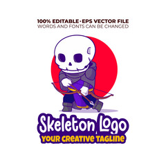 cute skeleton holding a bow and arrow cartoon logo illustration