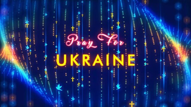 Blue Yellow Colorful Shiny Pray For Ukraine Text Reveal With Blurry Focus Vertical Cross Jesus and Flying Dove Particles Lines Curtain And Art Dotted Lines, With 10Sec Background Separated Loopable