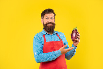 Happy man in red apron showing eggplant yellow background, greengrocer