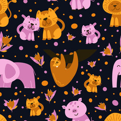 Cute pattern with different animals. Vector illustration in flat style
