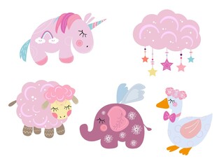 cute animal vector sticker set, boho style, newborns, illustrations