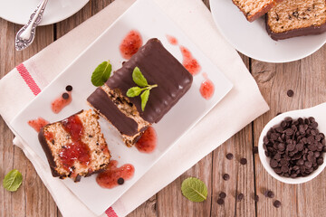 Sponge cake with chocolate frosting.