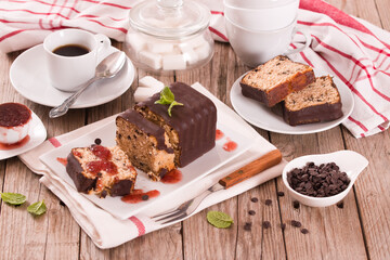 Sponge cake with chocolate frosting.