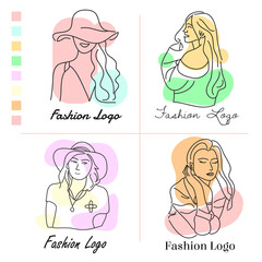 Fashion concept female line art abstract logo template set vector illustration with dummy text on white background.