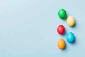 holiday preparation Multi colors Easter eggs on colored background . Pastel color Easter eggs. holiday concept with copy space