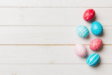 holiday preparation Multi colors Easter eggs on colored background . Pastel color Easter eggs. holiday concept with copy space