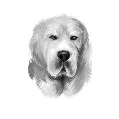 Central Asian Shepherd Dog breed isolated on white pet loss digital art illustration. Cute pet hand drawn portrait. Graphic clipart design realistic animal.