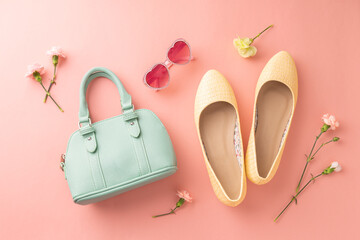 Fashion spring accessories for woman. Mint handbag and yellow ballet flats shoes on pastel pink. - obrazy, fototapety, plakaty