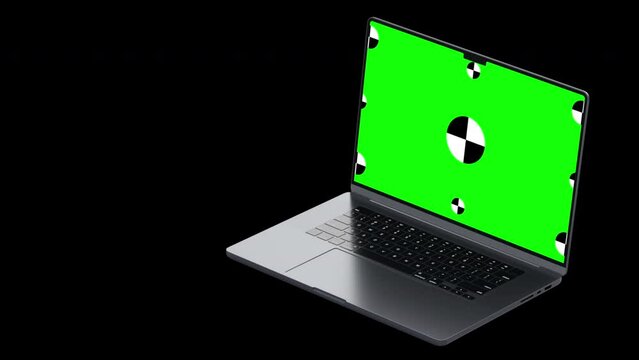 3D notebook laptop computer working green screen display Isolated on black background. 3D rendering.