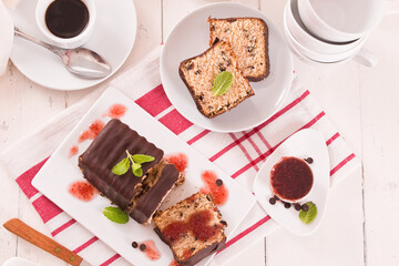 Sponge cake with chocolate frosting.