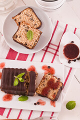 Sponge cake with chocolate frosting.