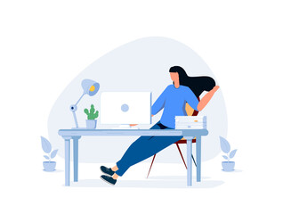 Landing page template with bearded woman sitting at desk with laptop computer. Concept of building home office.