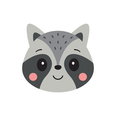 Cute raccoon face. Cartoon vector illustration isolated on white background
