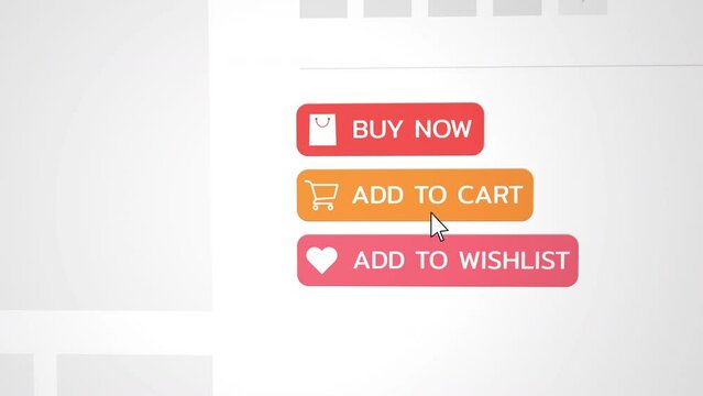 Close up shot animation of shopping cart, paper bag and add to wishlist heart button on computer screen. An online shop on web site with icon add online commodity on shopping web page. 4k footage 60fp