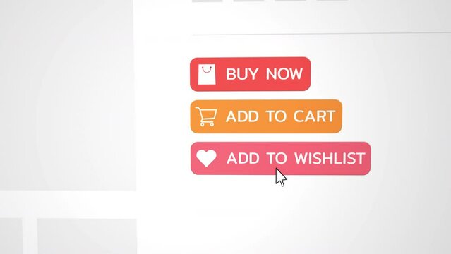Close up shot animation of shopping cart, paper bag and add to wishlist heart button on computer screen. An online shop on web site with icon add online commodity on shopping web page. 4k footage 60fp