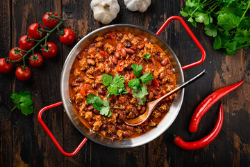 Chili con carne, traditional mexican food, top view