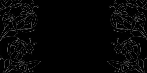 Vector illustration. Festive floral background in gray colors, copy space for text. Frame of gray narcissus flowers. Rustic style hand drawn horizontal template.