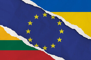 Ukraine, European Union, Lithuania flag ripped paper grunge background