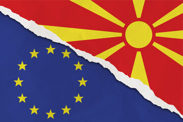 Macedonia and European Union flag ripped paper grunge background. The concept of relationship between EU and Macedonia