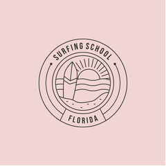 sunny surfing school florida line art logo vector symbol illustration design